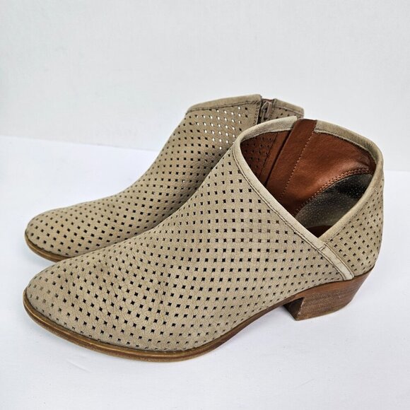 Lucky Brand Baylah Tan Perforated Leather Asymmetrical Opening Ankle Boot 9 - Picture 4 of 9